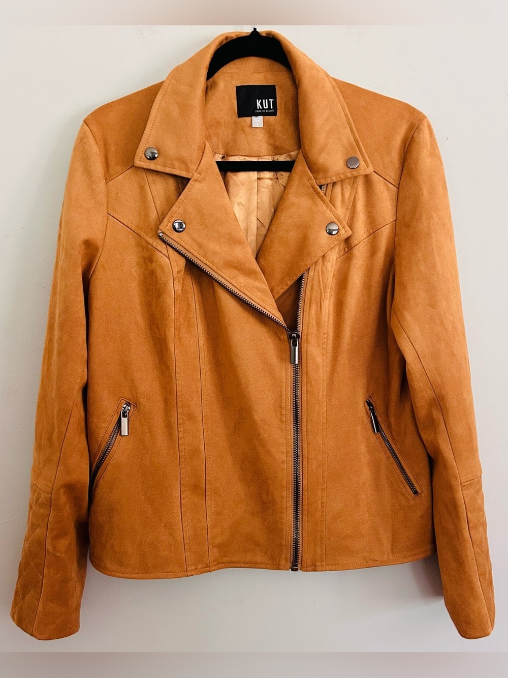 KUT From The Kloth Faux Suede Moto Jacket Camel Brown Size L - Picture 2 of 7